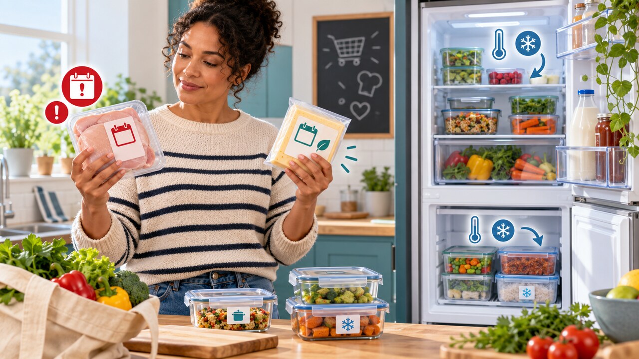 Conceptual AI illustration of a shopper comparing food date labels beside an organised refrigerator and freezer