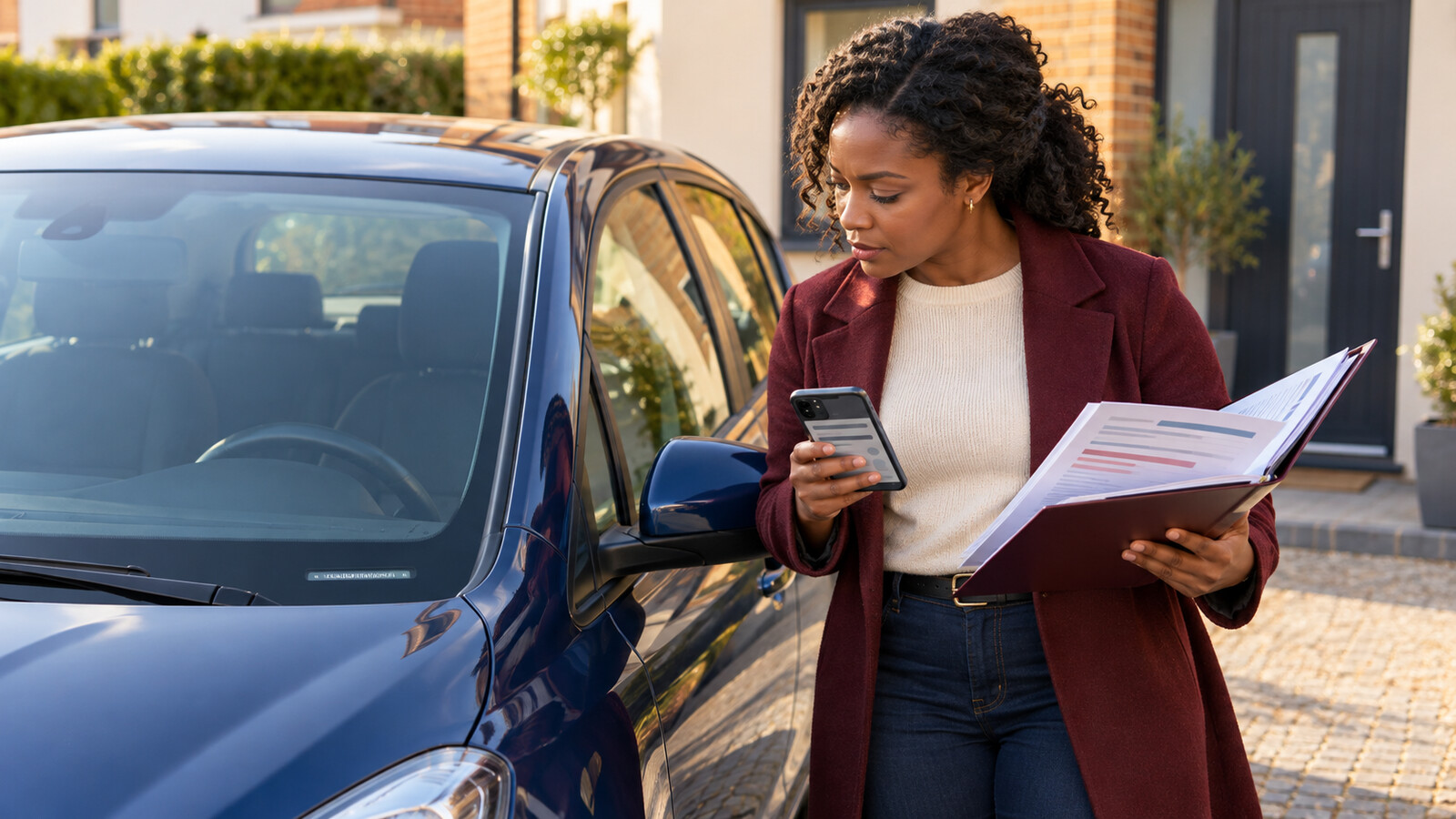 Conceptual AI illustration of a Black woman comparing used-car documents and digital checks beside a blue car