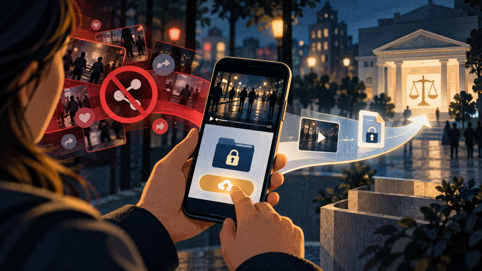 Conceptual AI illustration of a witness securely uploading phone footage towards an official justice route while a chaotic social-sharing stream is paused.