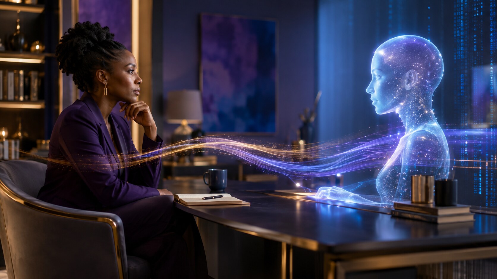 A Black female psychologist in a purple suit thoughtfully engaging with a luminous AI figure across a bridge of blue, purple and gold light.