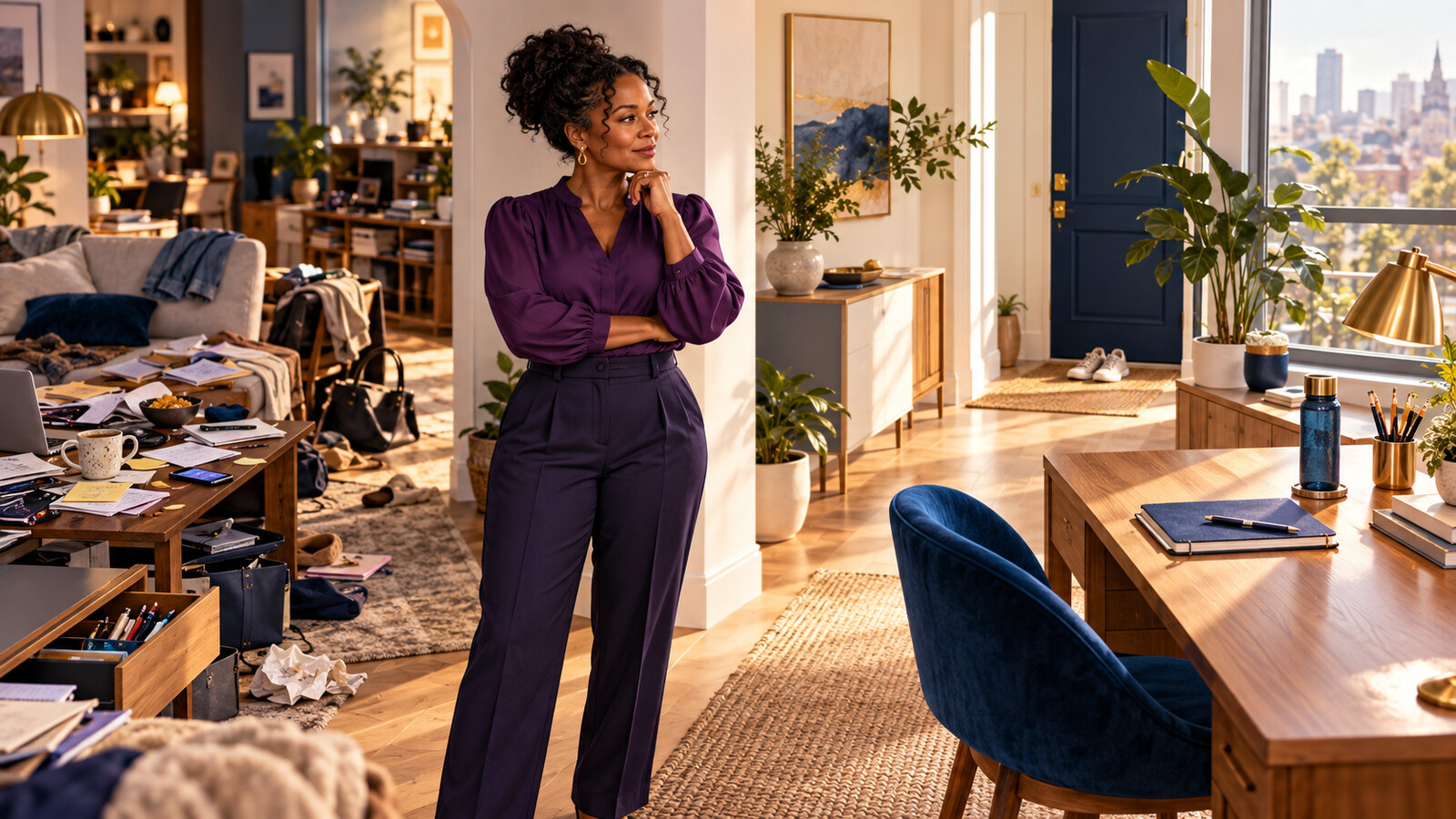 Conceptual AI illustration of a Black woman comparing a cluttered, high-friction workspace with a clear desk prepared for focused action.