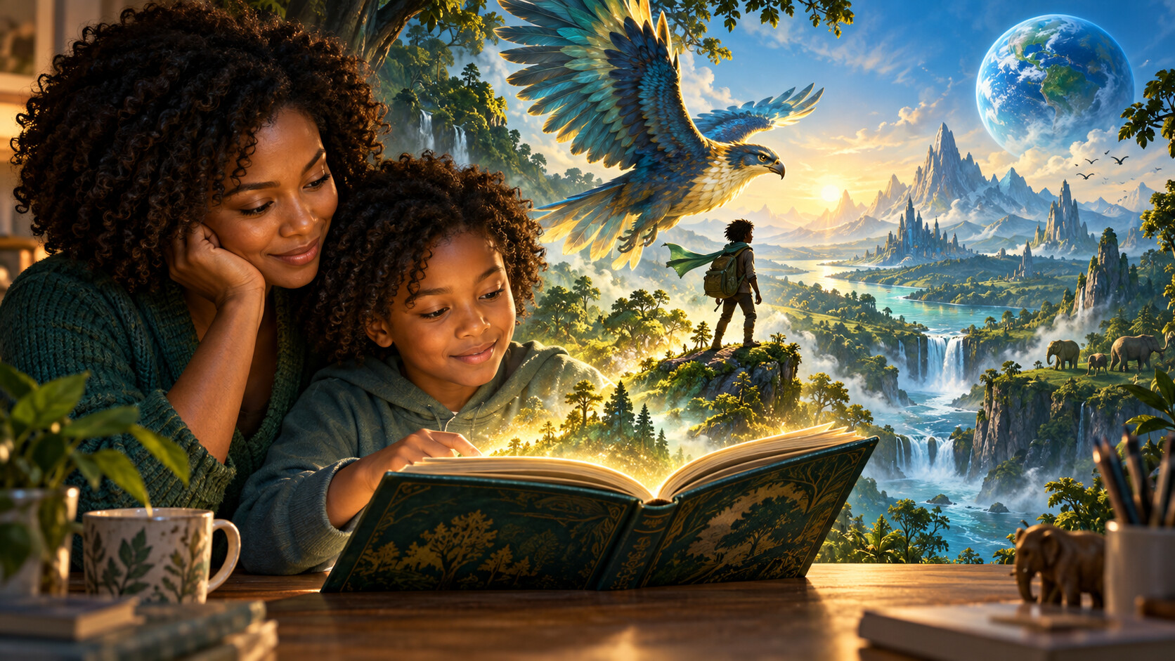 Conceptual illustration of a Black mother and child reading as a luminous ecological fantasy world, explorer and feathered flying companion emerge from the book