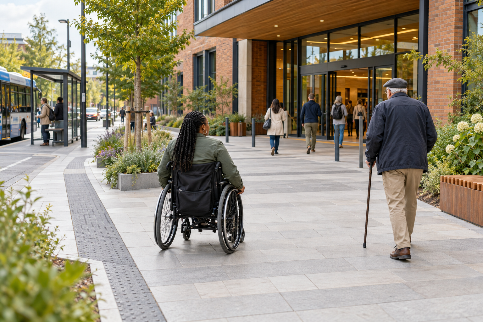 Conceptual AI illustration of wheelchair and cane users following a step-free route from a bus stop to a public entrance