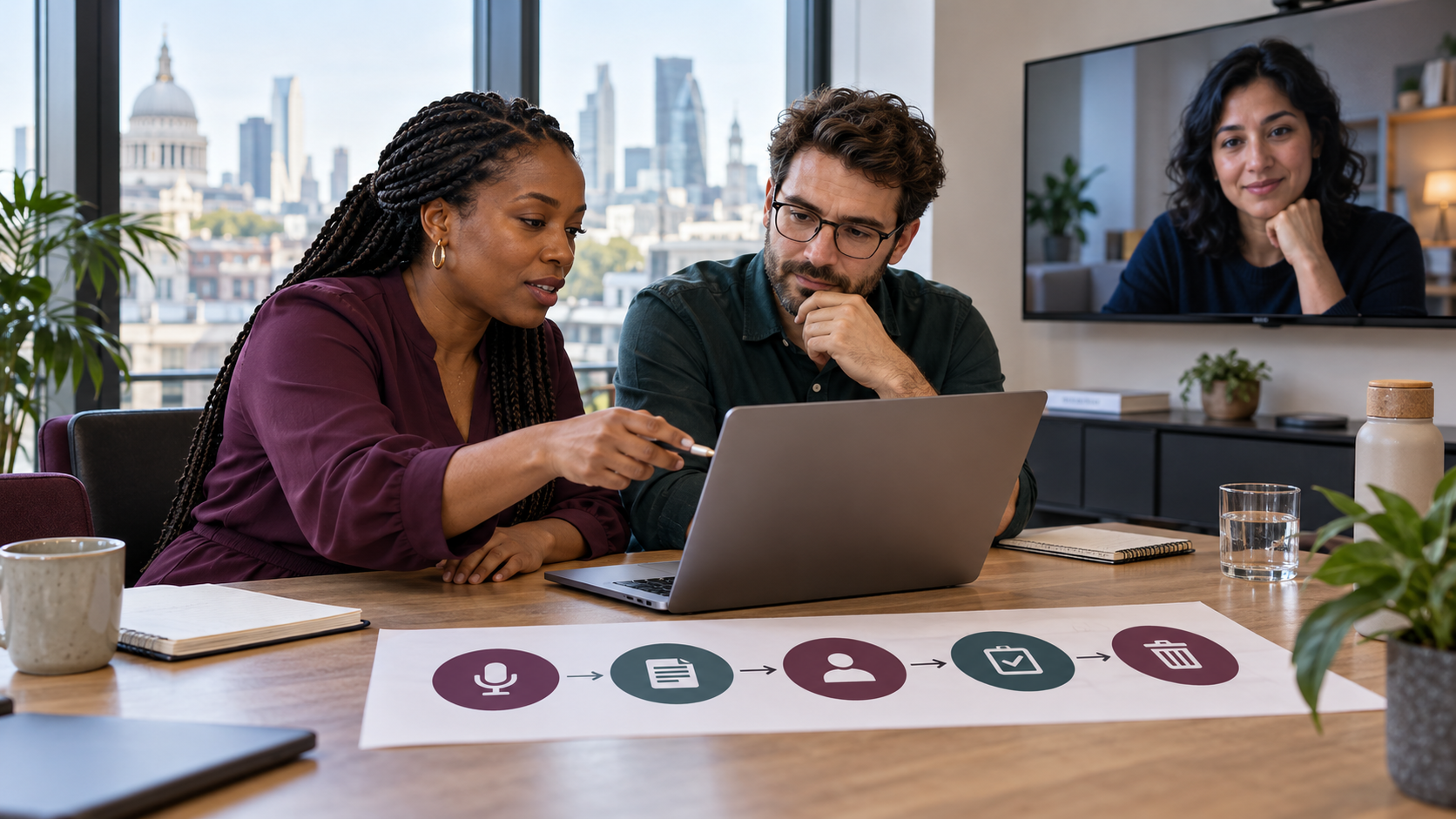 Small-Business Team Reviews An Ai Meeting Transcript And A Record-To-Delete Workflow In A London Office
