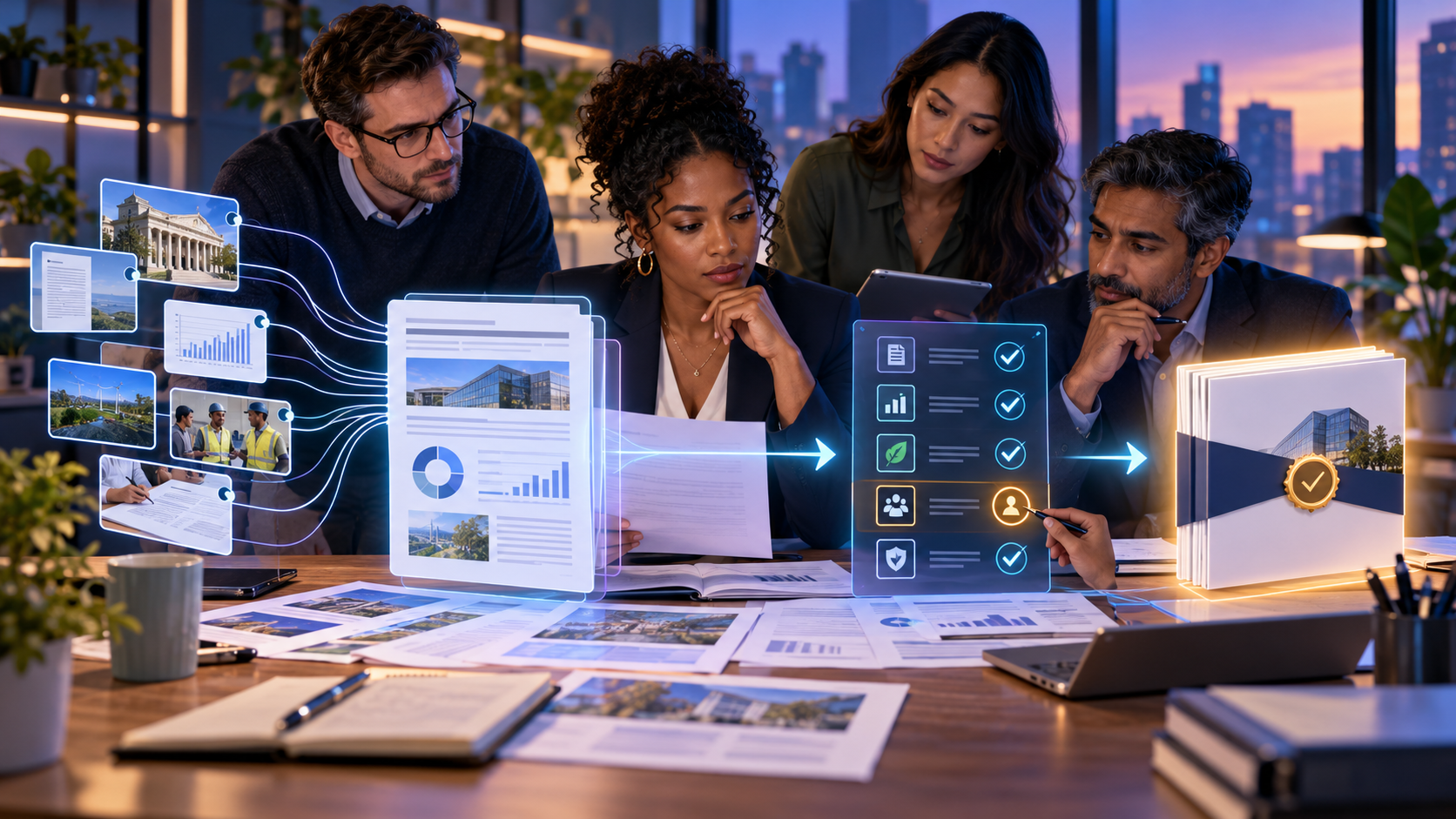 A Business Team Checking Evidence, Requirements And Human Approvals Before Submitting An Ai-Assisted Proposal