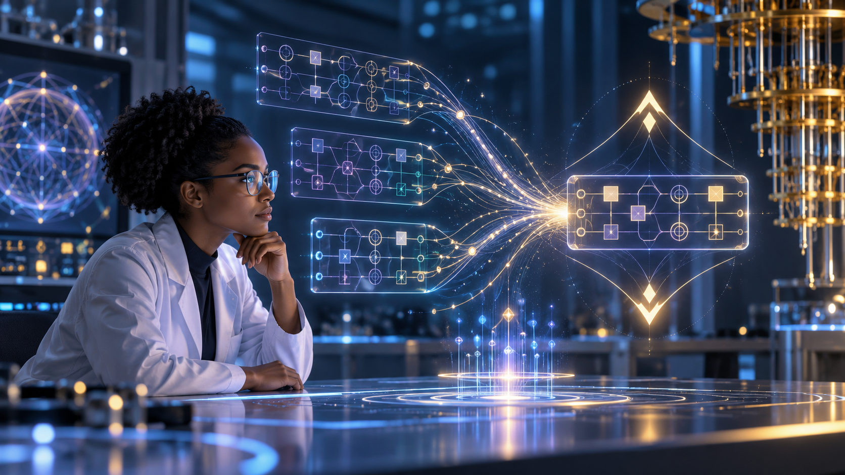 Black Female Quantum-Computing Researcher Studying Several Glowing Circuit Designs That Converge Into One Compact Verified Circuit