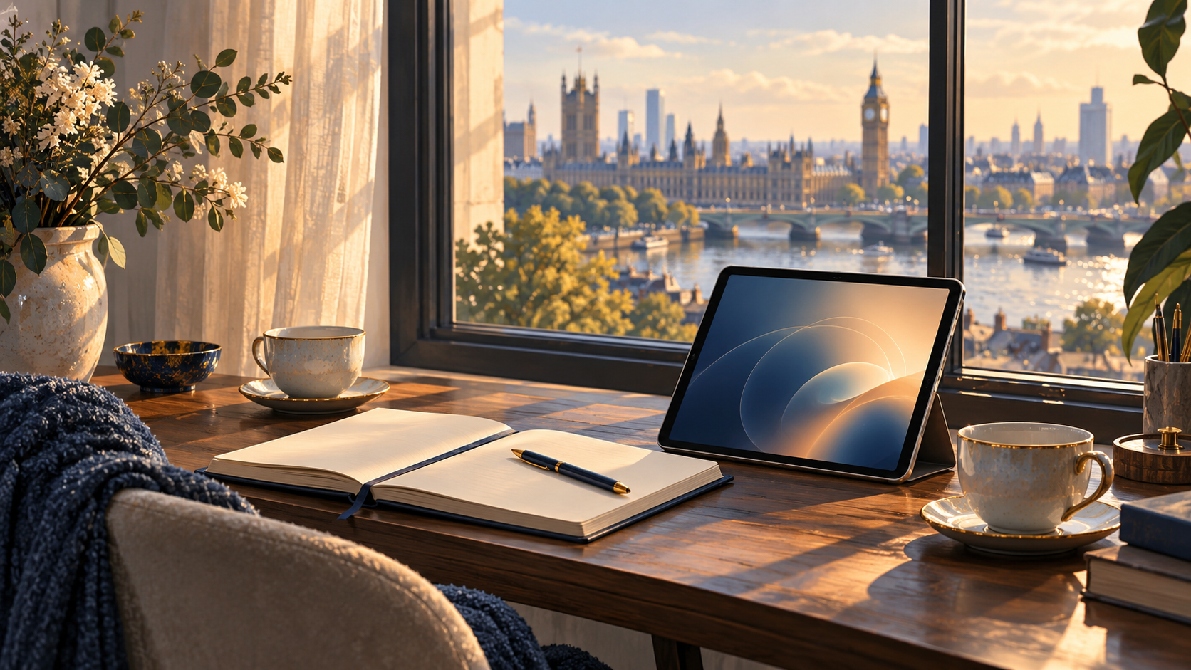 A journal, tablet and two tea cups beside a London window; conceptual AI illustration.