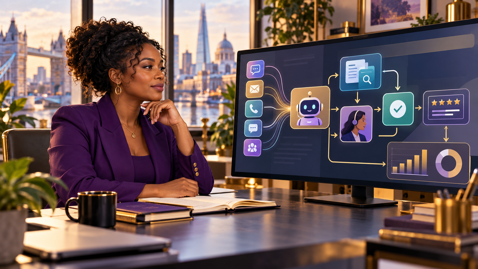 Conceptual AI illustration of a Black British business owner reviewing an AI customer-support workflow and cost dashboard