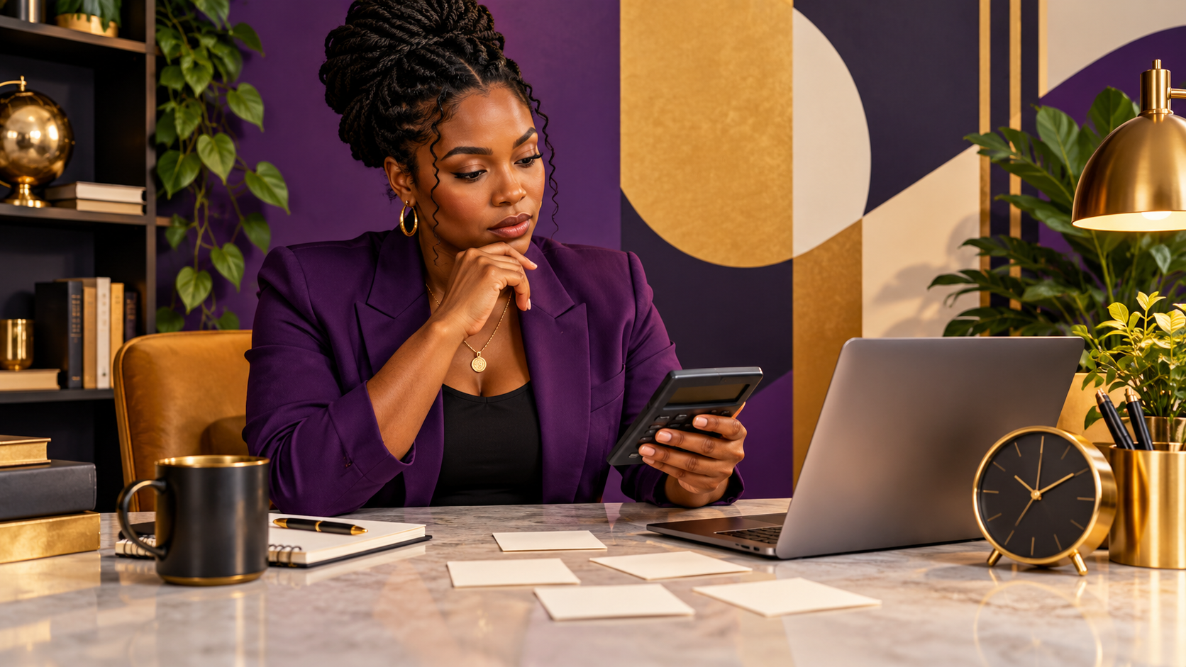 A business owner reviewing a calculator beside a laptop and clock; conceptual AI illustration.