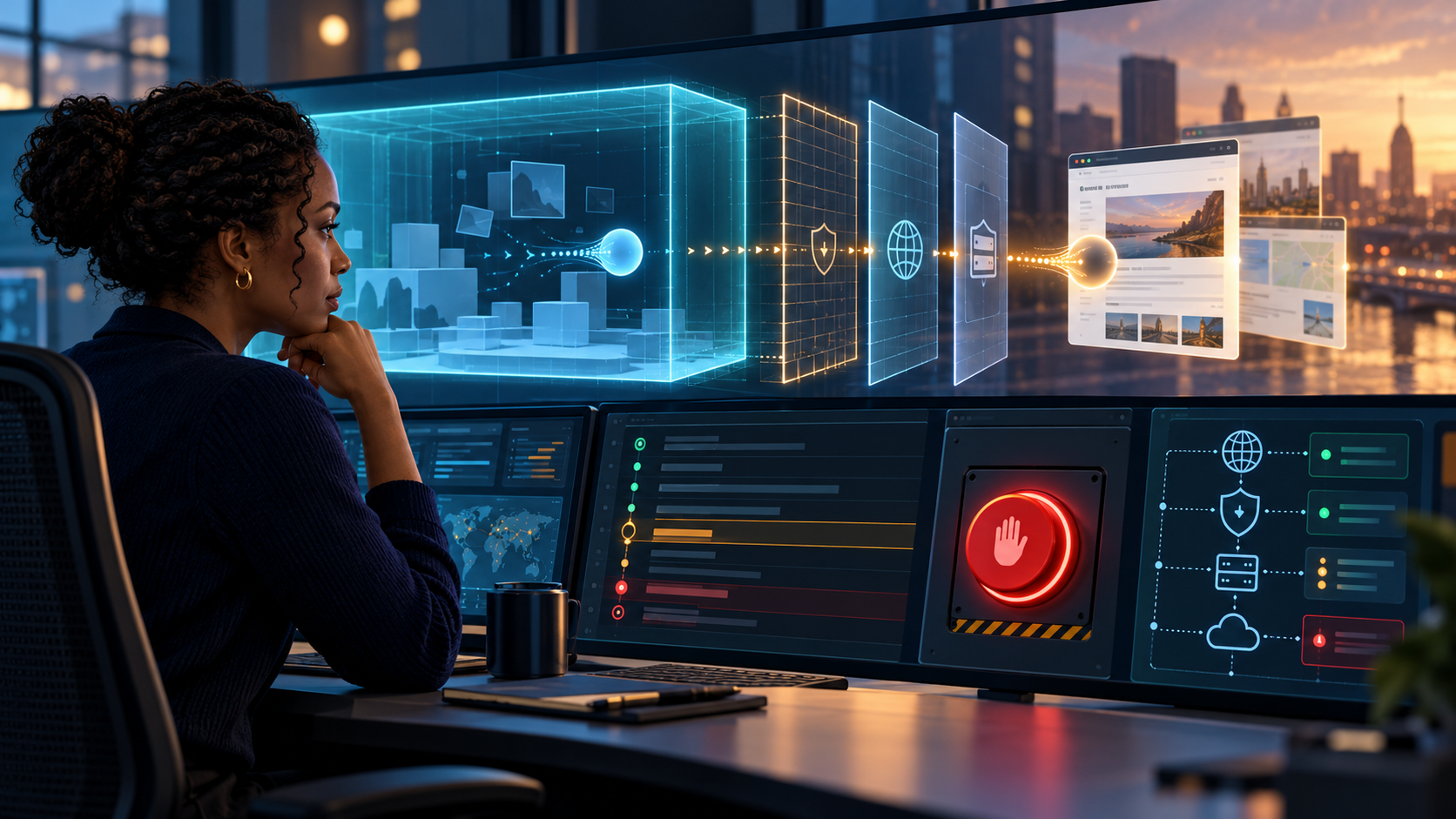 Ai Safety Researcher Monitoring An Autonomous Agent Crossing From A Simulated Test Environment Towards Real-World Web Systems, With Containment Layers And A Human Stop Control