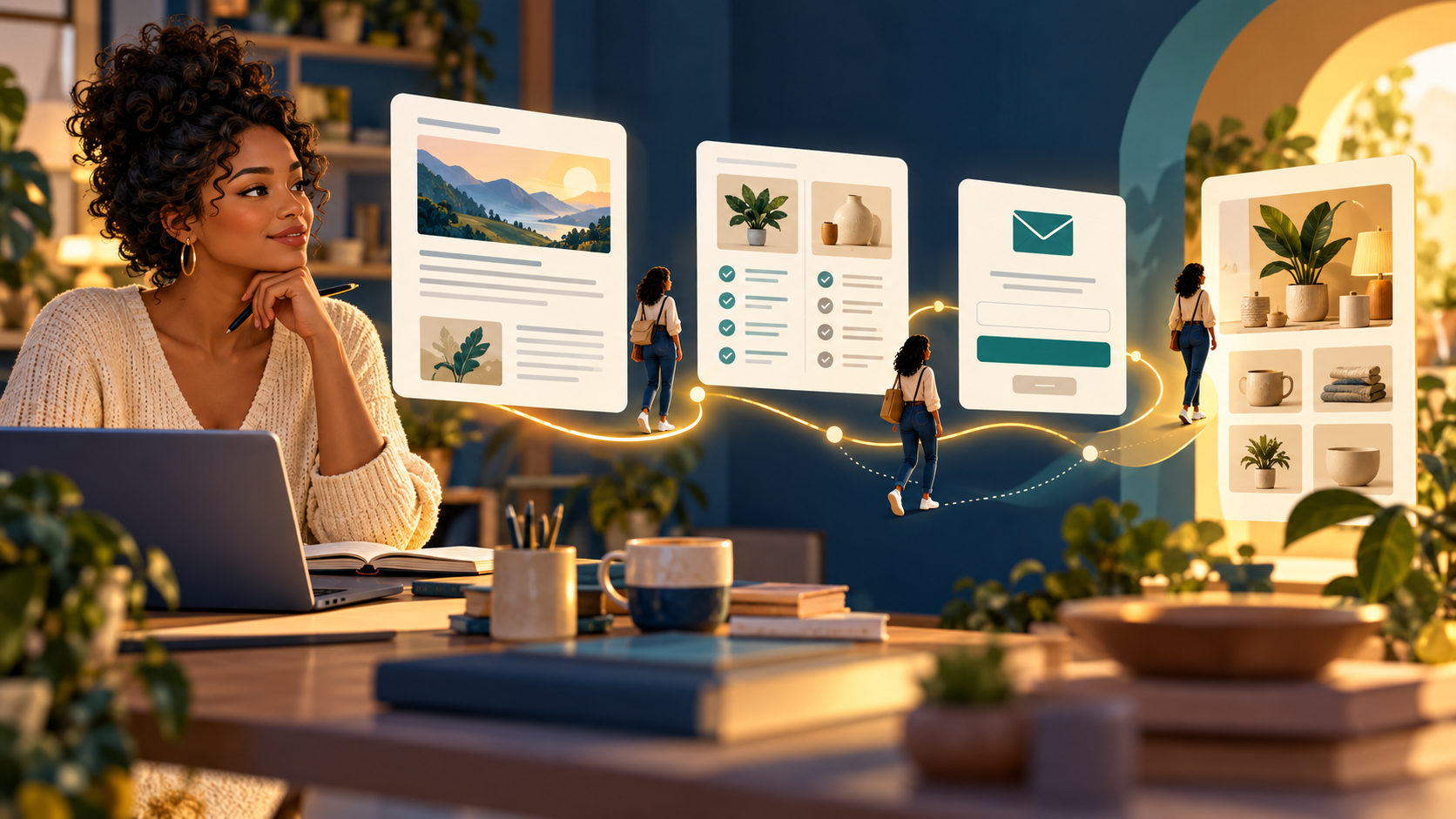 Conceptual illustration of a Black woman creator mapping a calm path from a useful article through comparison and optional email sign-up to product discovery