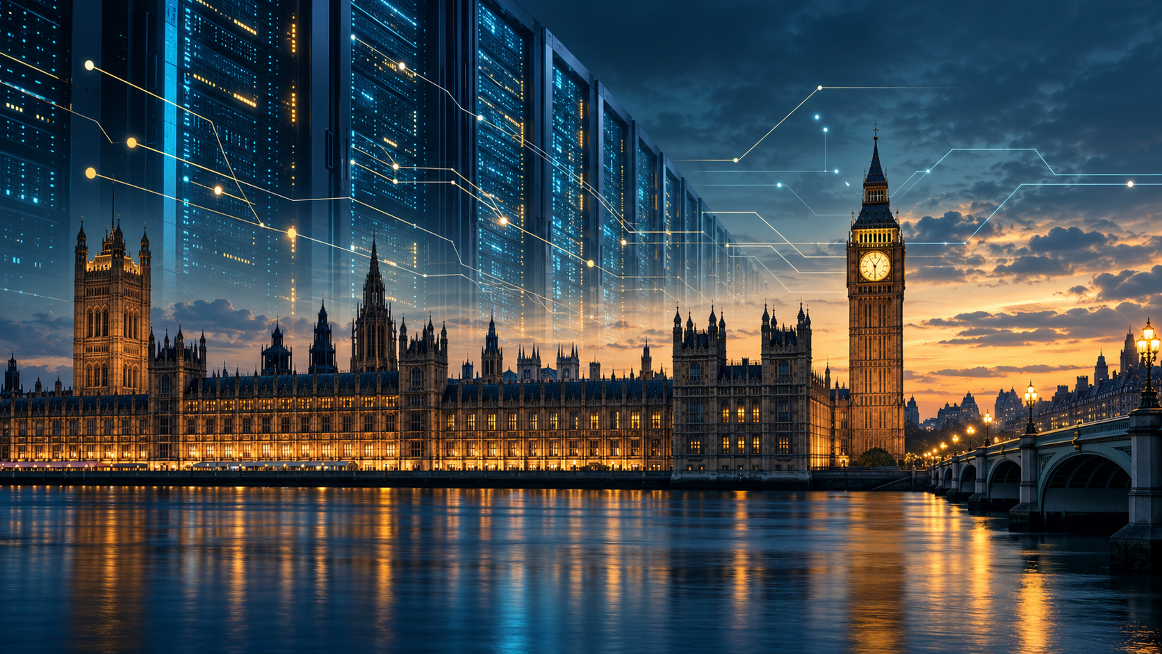 Ai-Generated Conceptual Illustration Of Westminster At Dusk Blended With Server Racks And Circuit Connections.