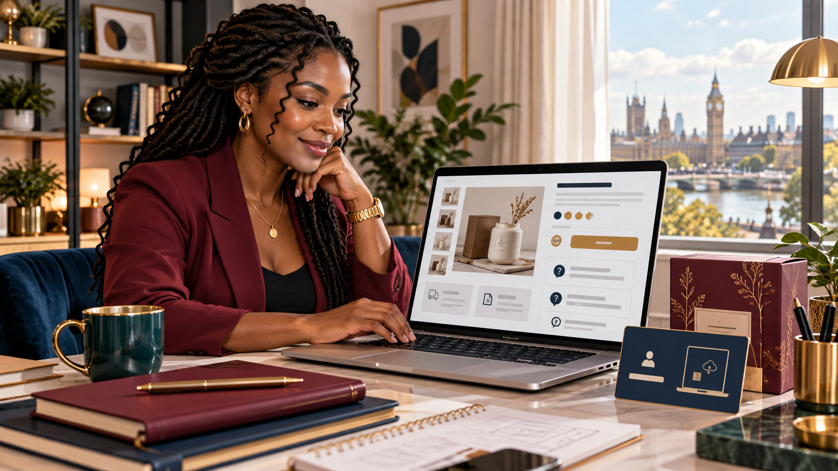 Conceptual AI illustration of a Black female entrepreneur building a clear online product listing