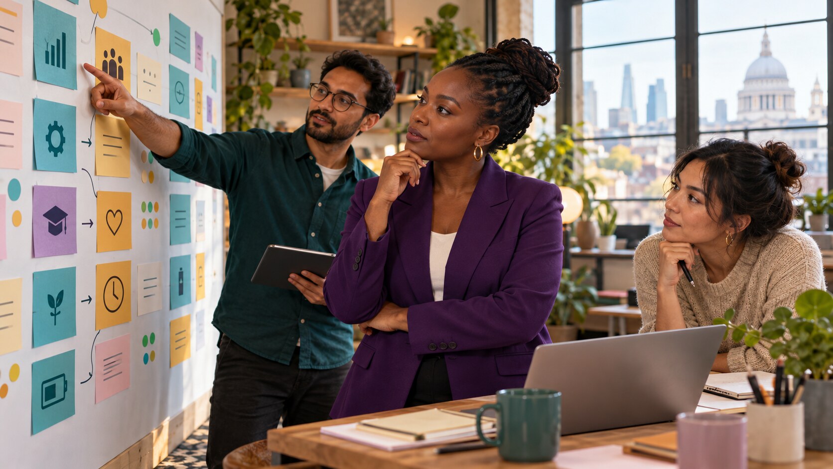 A Black Female Business Leader And Two Colleagues Review A Colour-Coded Change-Load Planning Wall Before Introducing Another Workplace Tool.