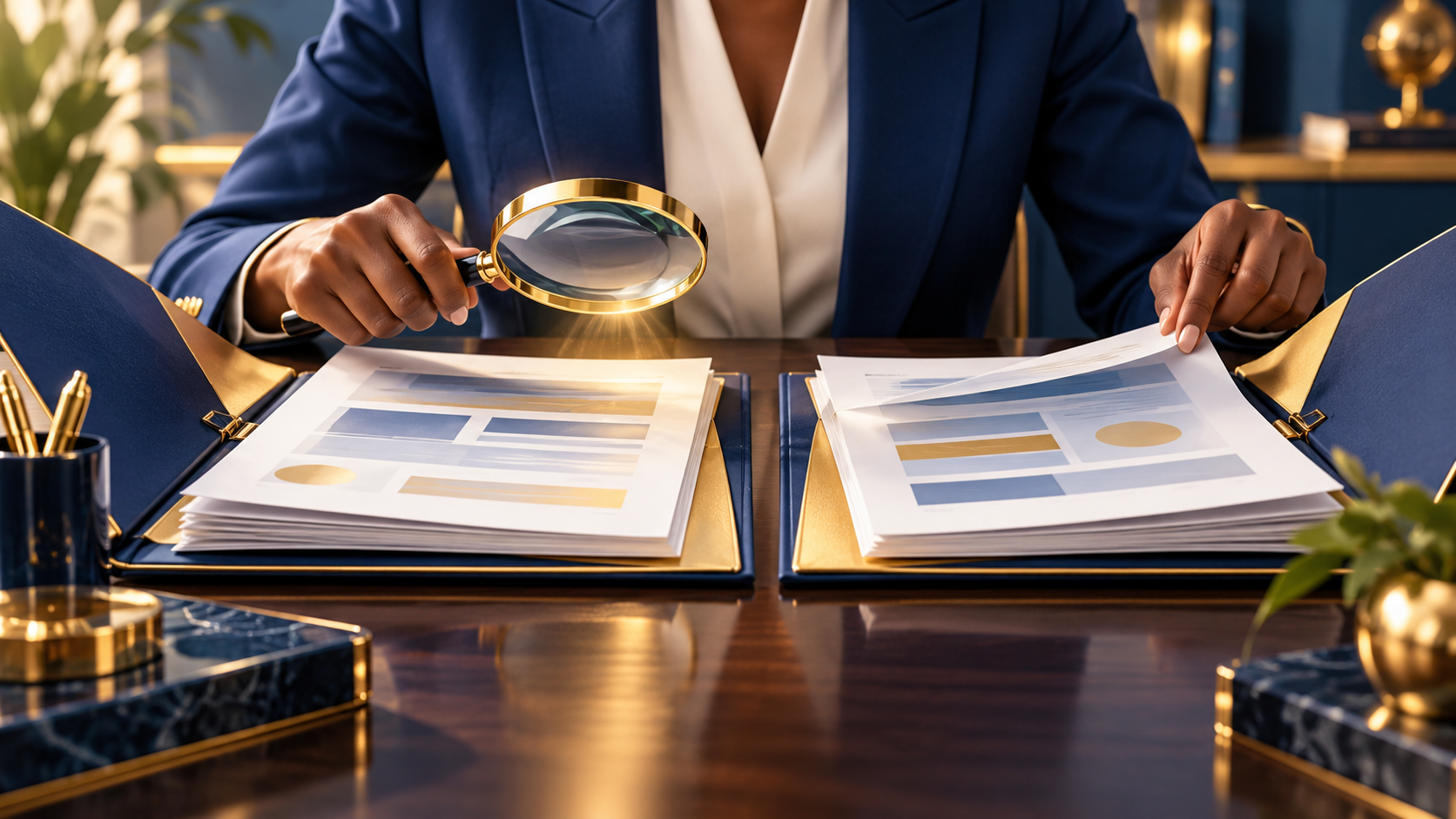 A professional comparing two proposal folders with a document lens; conceptual AI illustration.