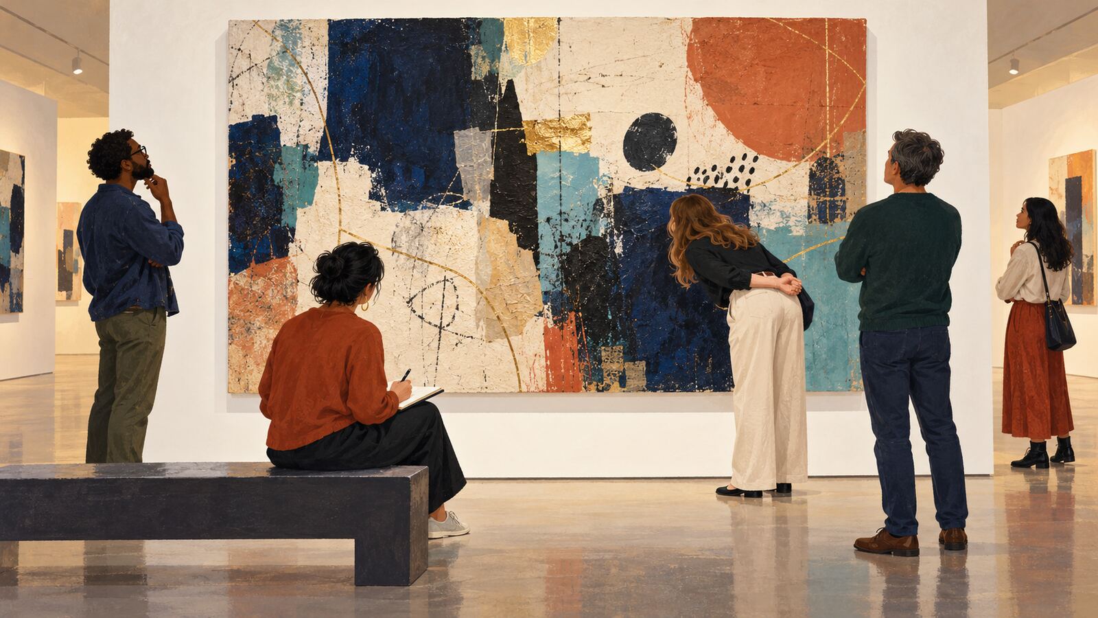 Conceptual illustration of diverse visitors closely observing a large abstract contemporary artwork in a gallery