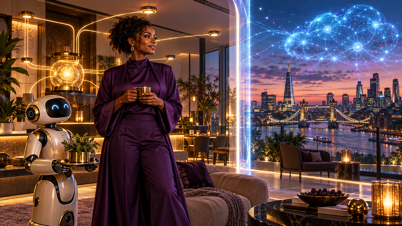 Black Woman And Friendly Home Robot Stand Between A Warm Local Ai Core And A Distant Blue Cloud Intelligence Above London