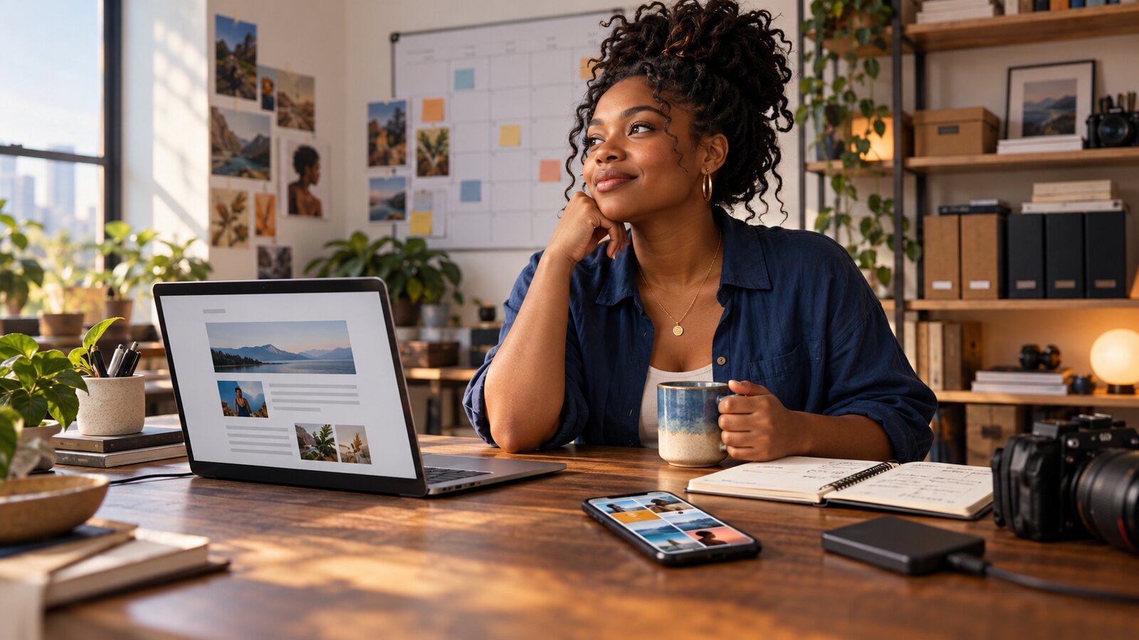 Conceptual AI illustration of a Black woman creator organising a website, newsletter and content archive in her home studio