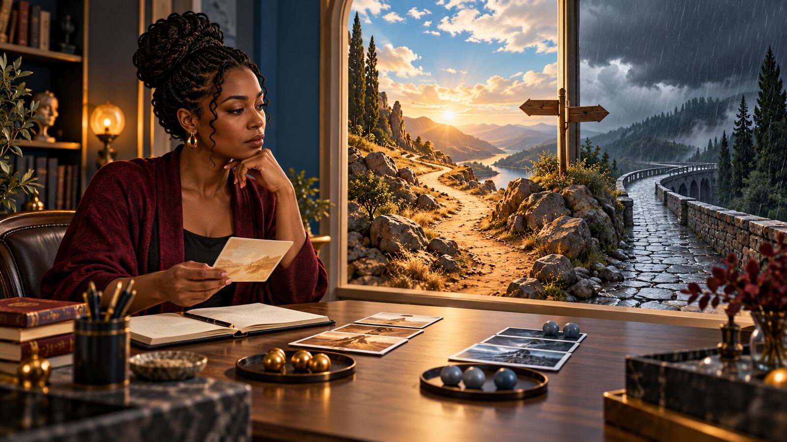 Conceptual illustration of a woman reviewing evidence before two uncertain paths, one sunny and rough and one rainy but well built