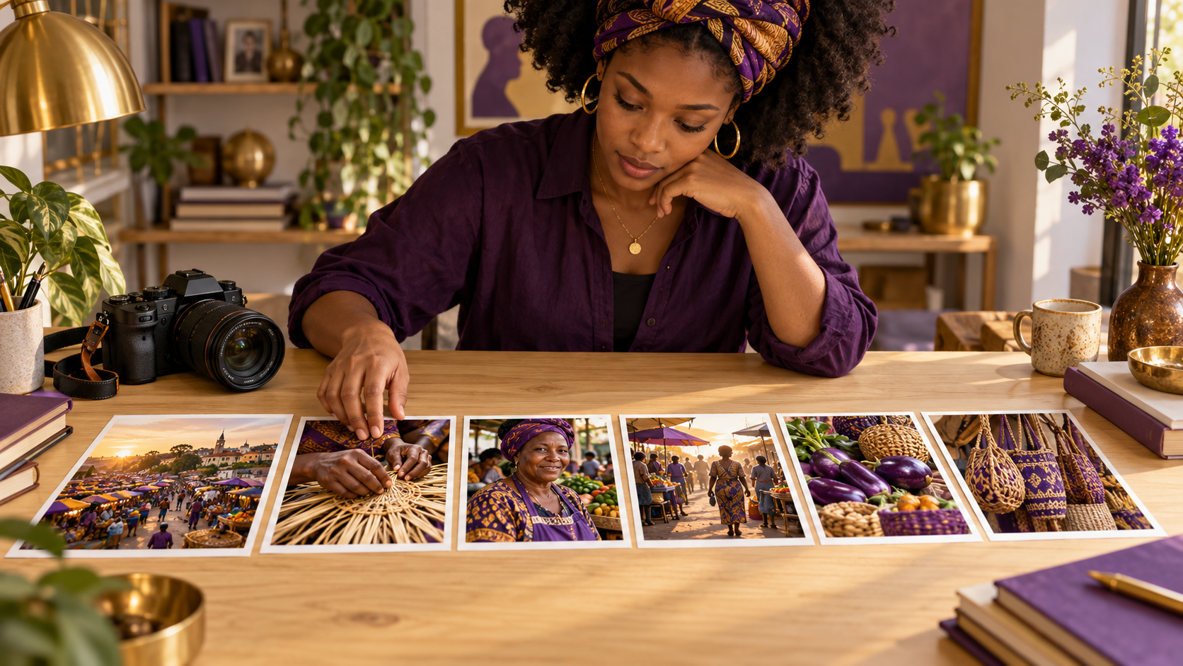 AI illustration of a photographer arranging market photographs into a visual story