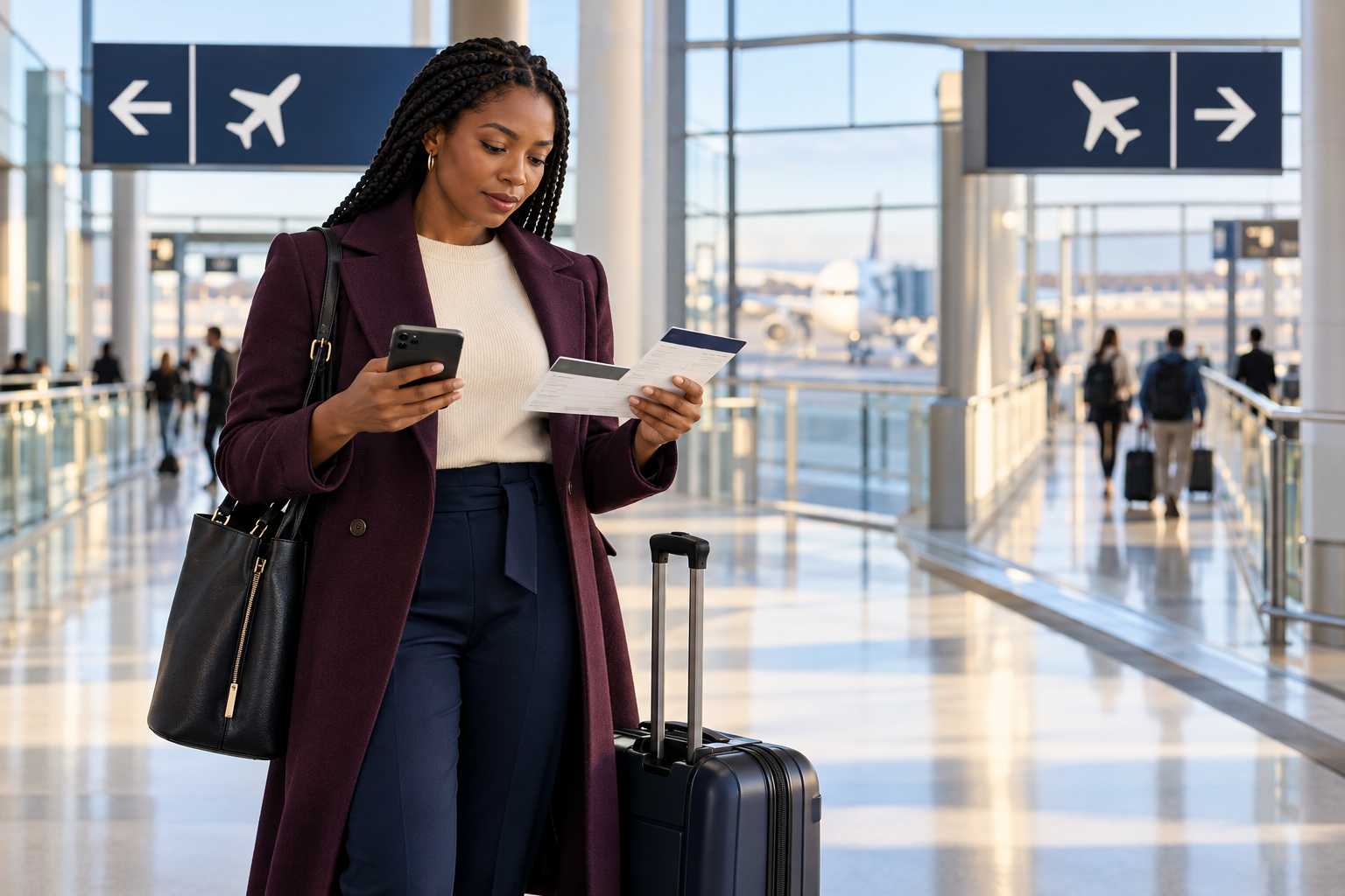 Conceptual AI illustration of a traveller comparing separate flight tickets during an airport connection