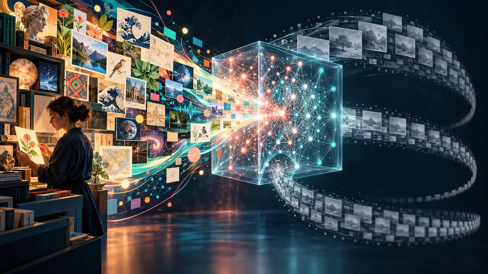 Conceptual AI illustration of diverse human source material entering a neural network while repeated synthetic copies become narrower and less varied