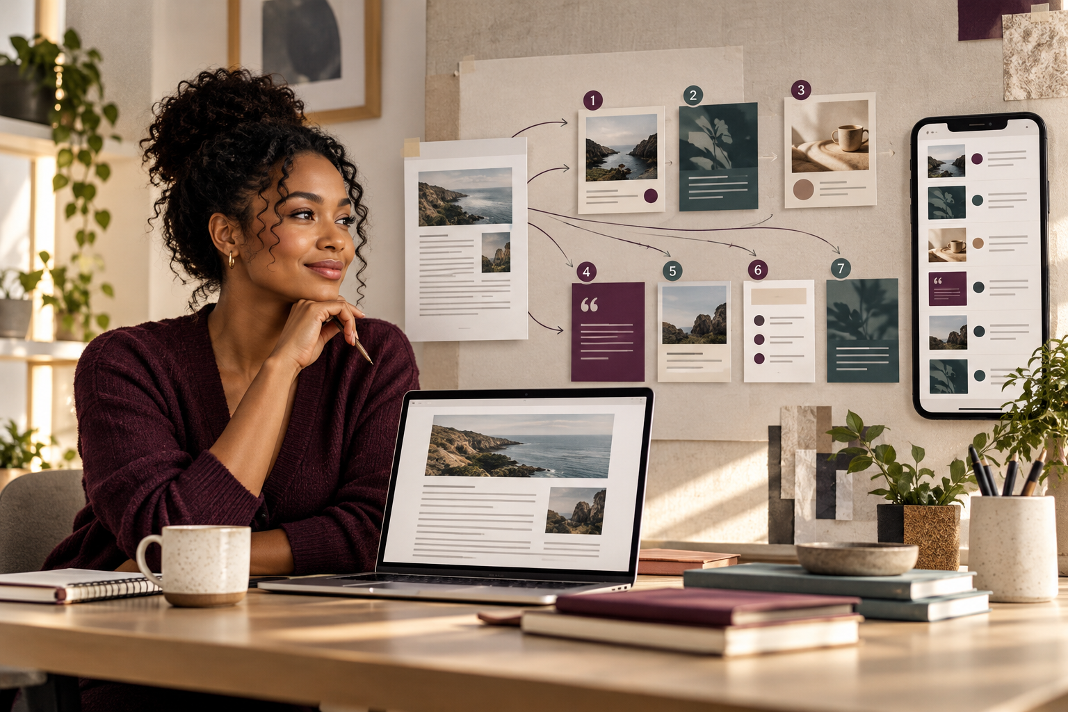 Conceptual AI illustration of a content strategist turning one blog article into seven planned social captions
