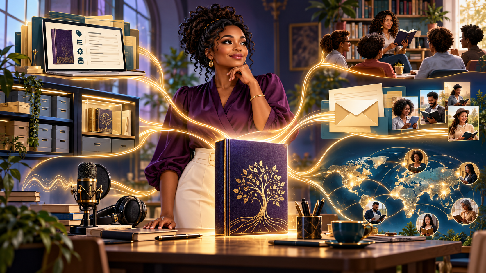 Conceptual AI illustration of a Black woman author-publisher connecting a purple book to archives, metadata, audio, reading groups, newsletters and global readers