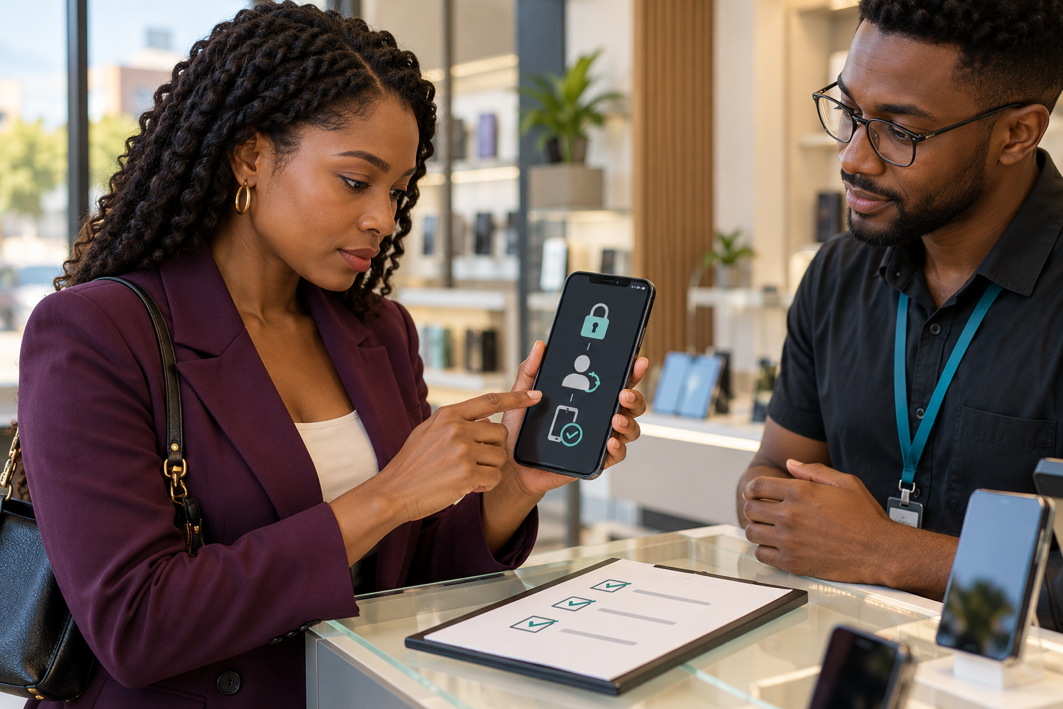 Conceptual illustration of a Black woman verifying a second-hand smartphone with the seller before payment.