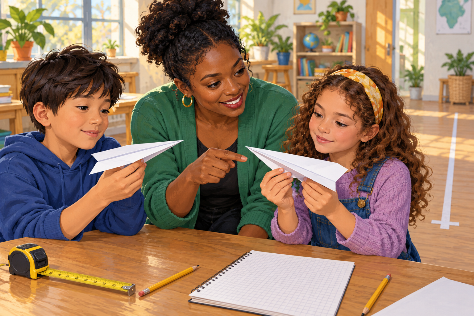 Conceptual illustration of a tutor and two learners comparing paper planes beside a measuring tape and notebook.