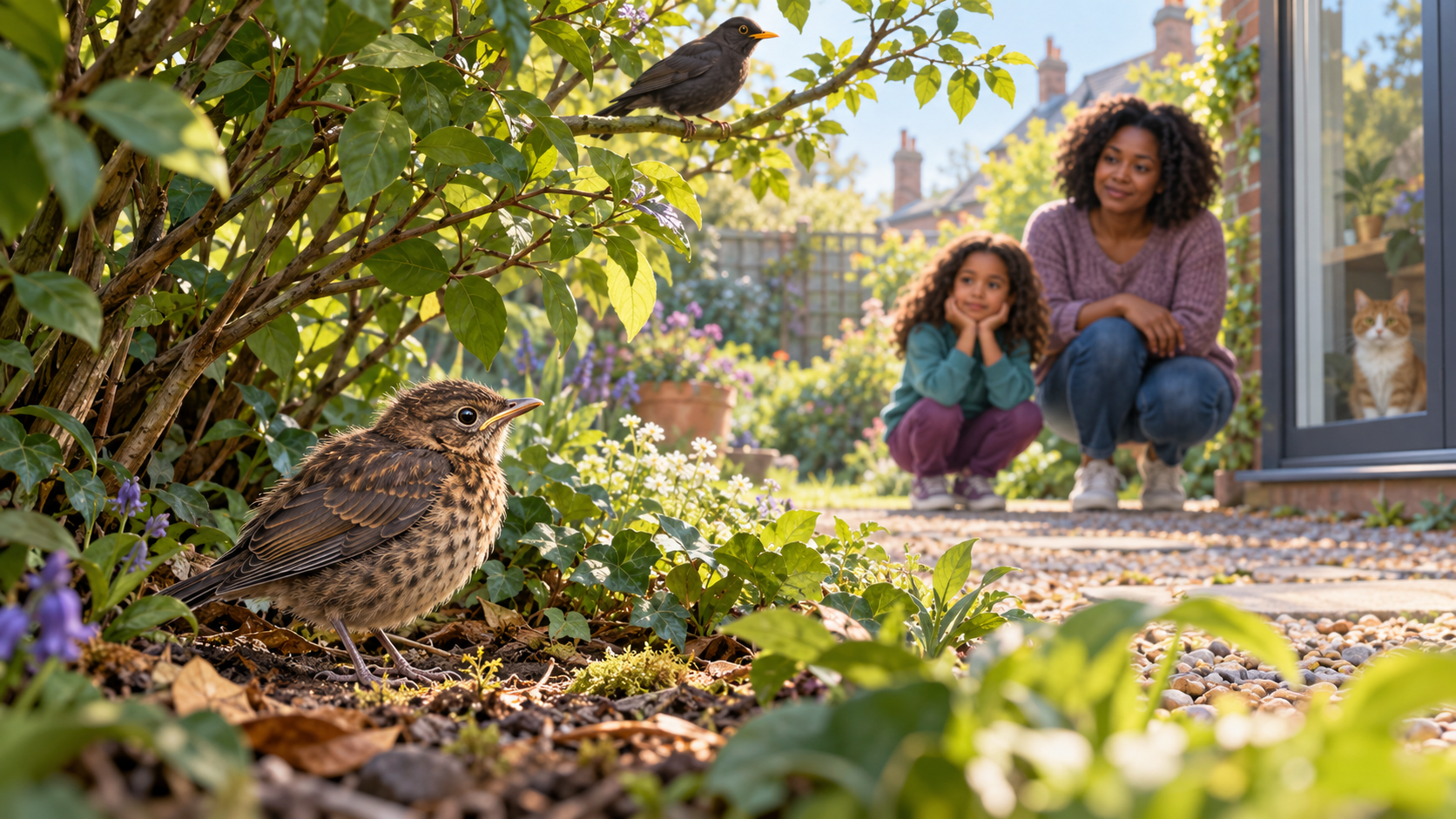 Conceptual illustration of a feathered fledgling under a shrub while a woman and child watch from a distance and keep their cat indoors
