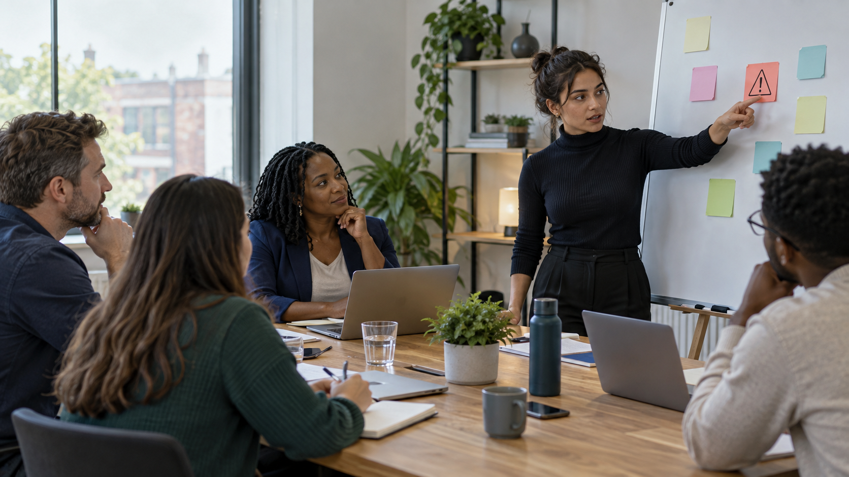 A Team Member Raises A Project Risk While A Black Woman Leader And Colleagues Listen Attentively In A Small-Business Meeting