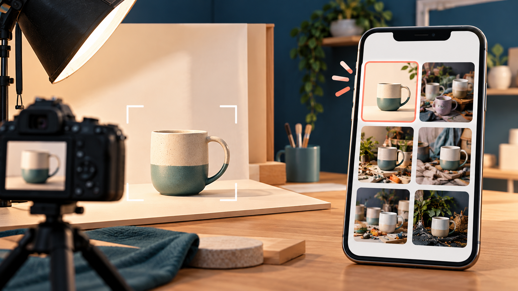 Conceptual AI illustration of a seller photographing a ceramic mug while comparing clear and cluttered marketplace thumbnails on a smartphone