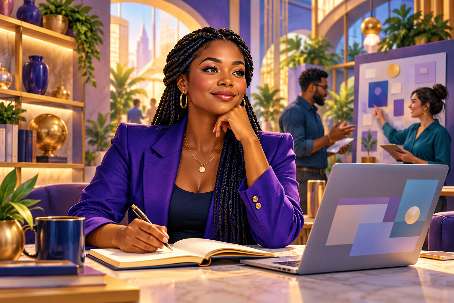 Conceptual Illustration Of A Black Woman Founder With Braids And A Purple Jacket Planning Beside A Laptop And Notebook, While Two Entrepreneurs Discuss A Project In A Bright Atrium.