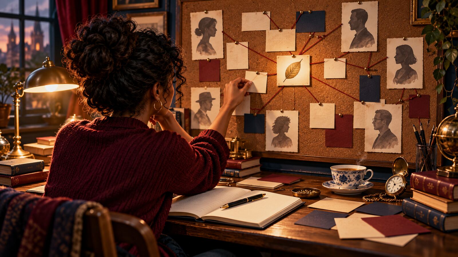 Conceptual illustration of a mystery writer arranging suspect portraits and clue cards on a connected evidence board