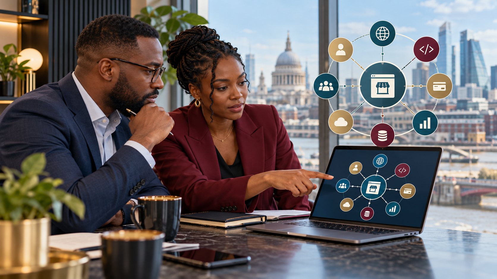 Conceptual AI illustration of two buyers reviewing an online business dependency map before acquisition