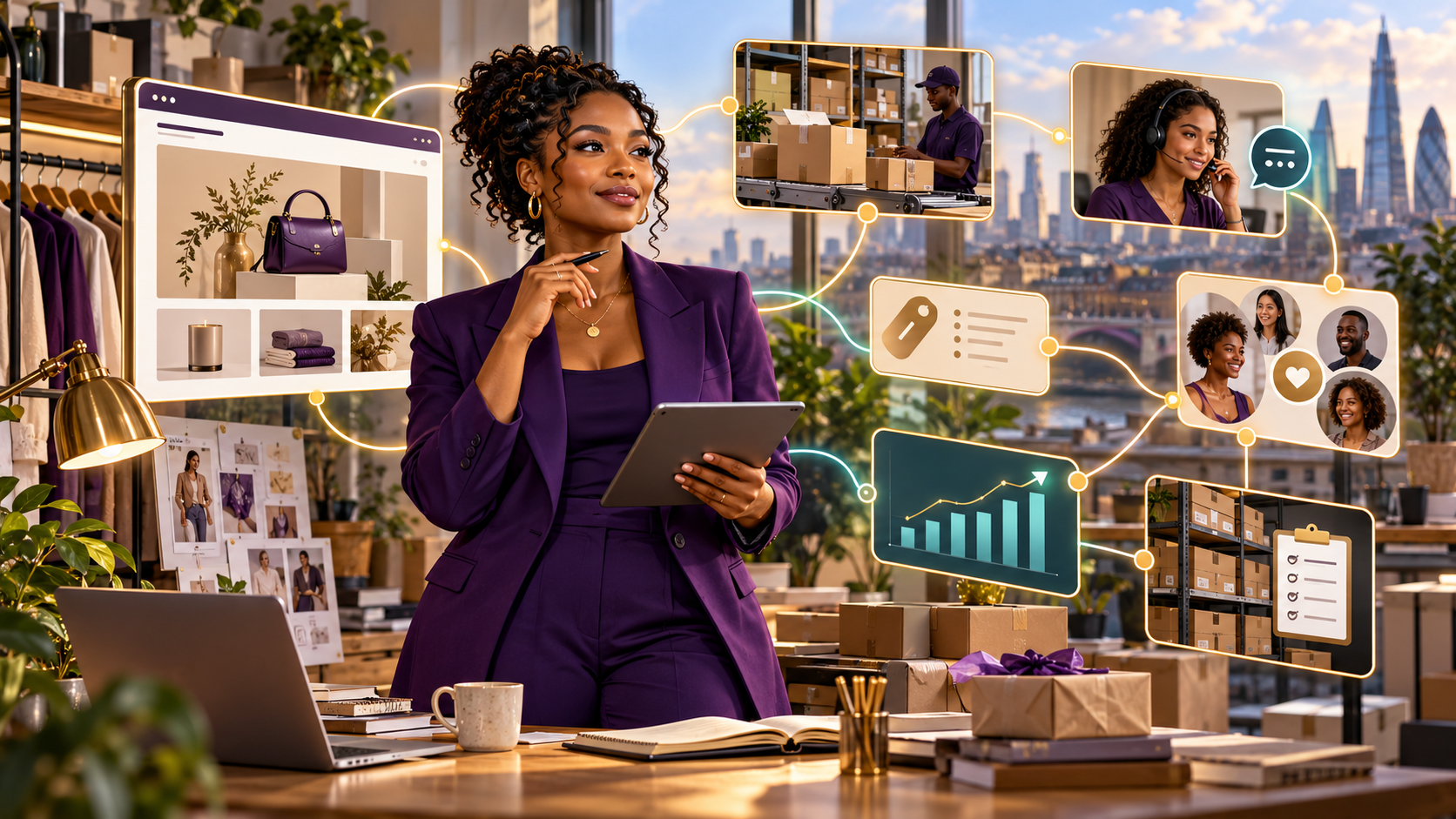 Conceptual AI illustration of a Black British online seller connecting her storefront to fulfilment, customer support, retention and business operations