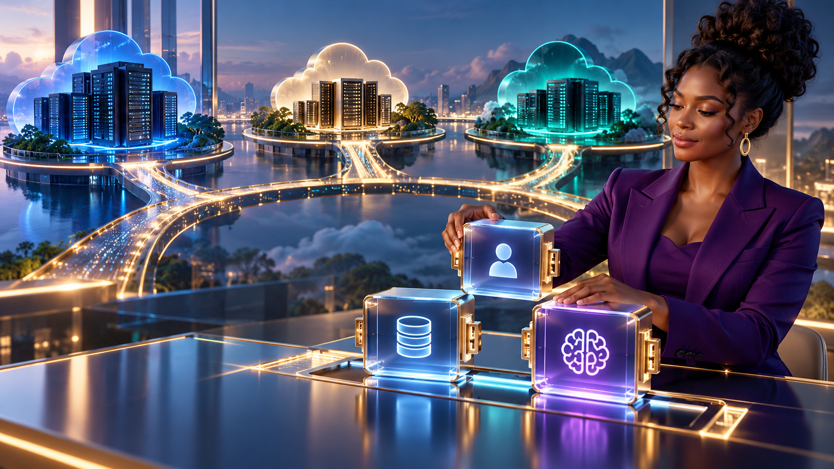 Conceptual AI illustration of a Black female founder arranging portable identity, database and AI modules across cloud platforms
