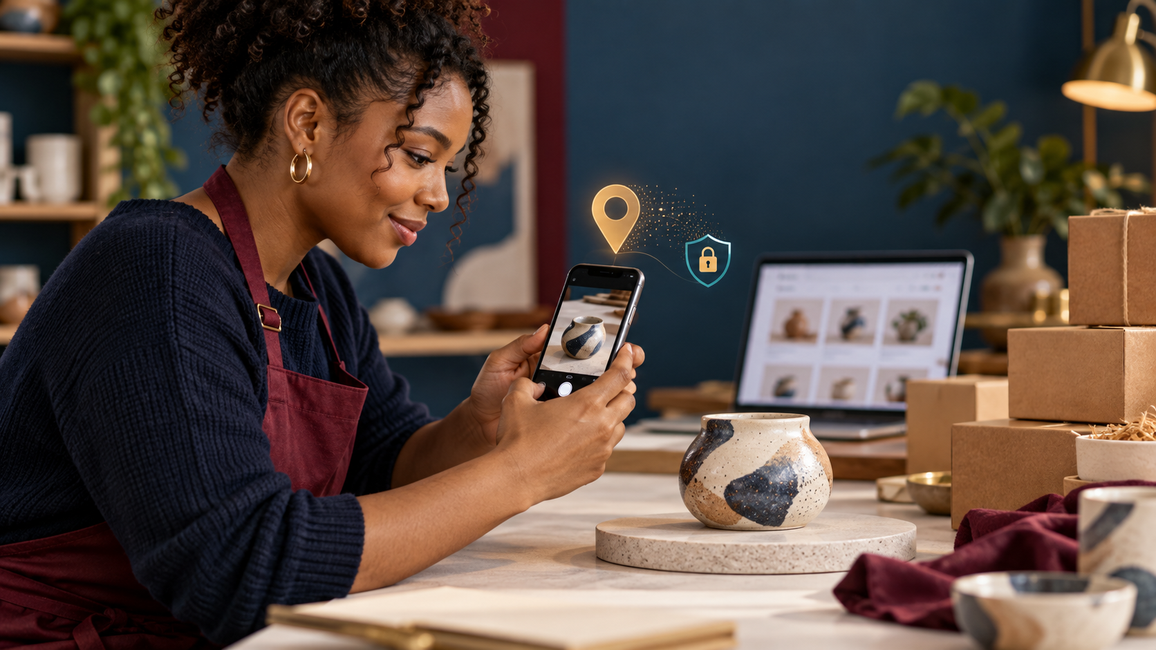 Conceptual AI illustration of an online seller removing location data before uploading a product photo