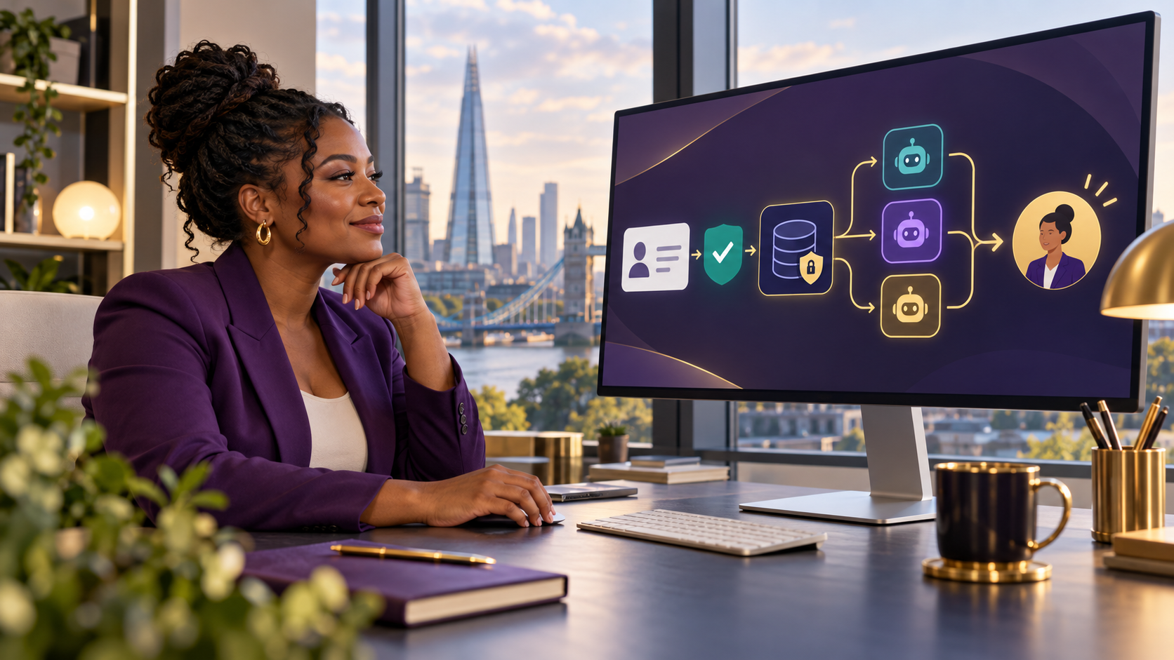 Black British small-business owner reviews a visual AI lead-follow-up workflow with consent, evidence and human hand-off checkpoints