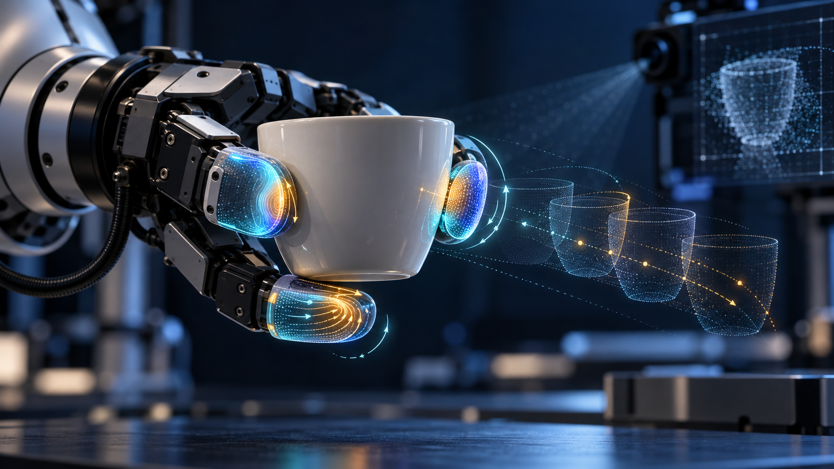 Conceptual Illustration Of A Robotic Gripper Using Glowing Tactile Sensors To Forecast How Contact With A Ceramic Cup Will Change
