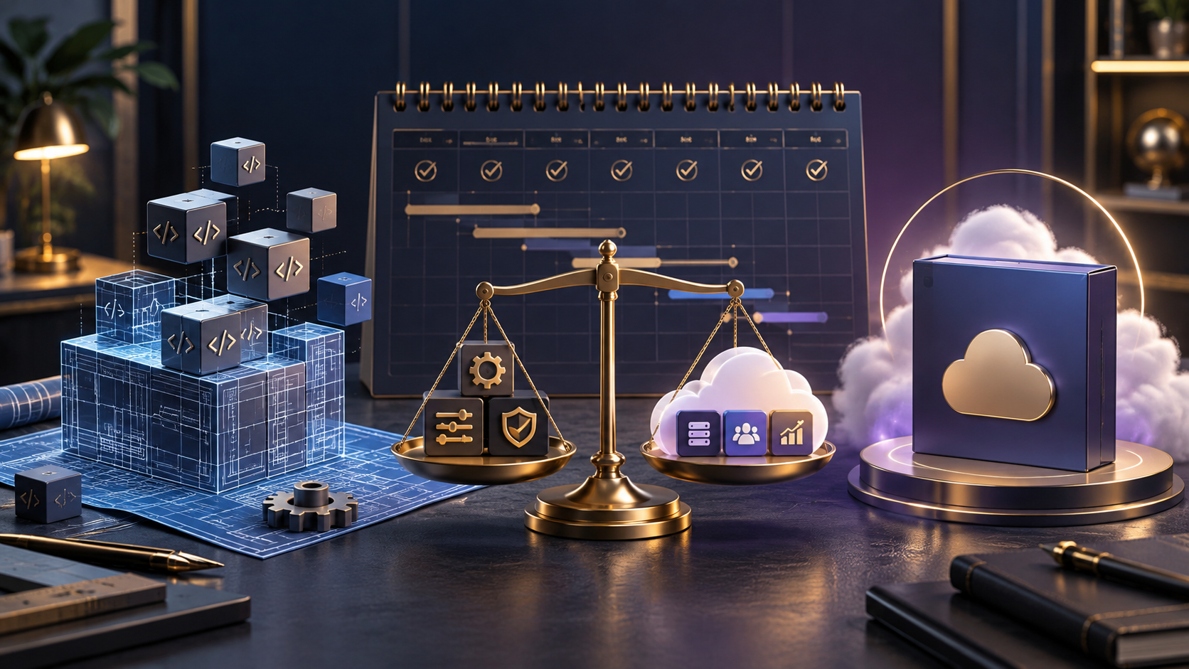 Conceptual AI illustration of a balance scale comparing custom software development with a ready-made cloud application