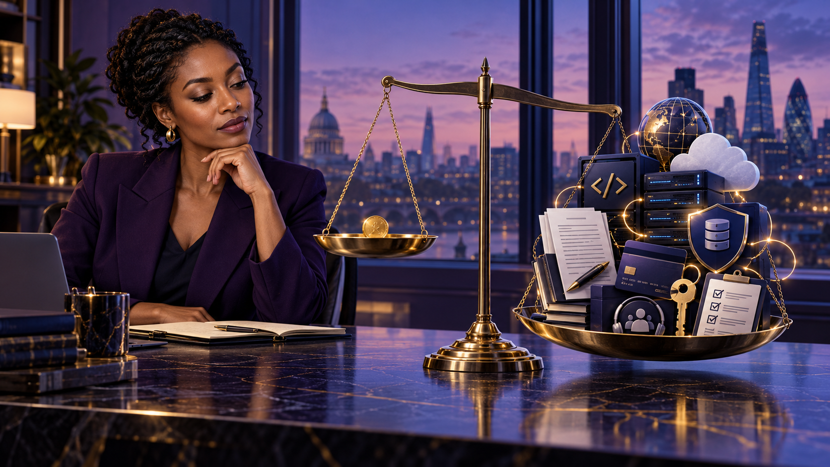 Black British founder weighing a small acquisition price against code, cloud hosting, data, contracts, security and handover work