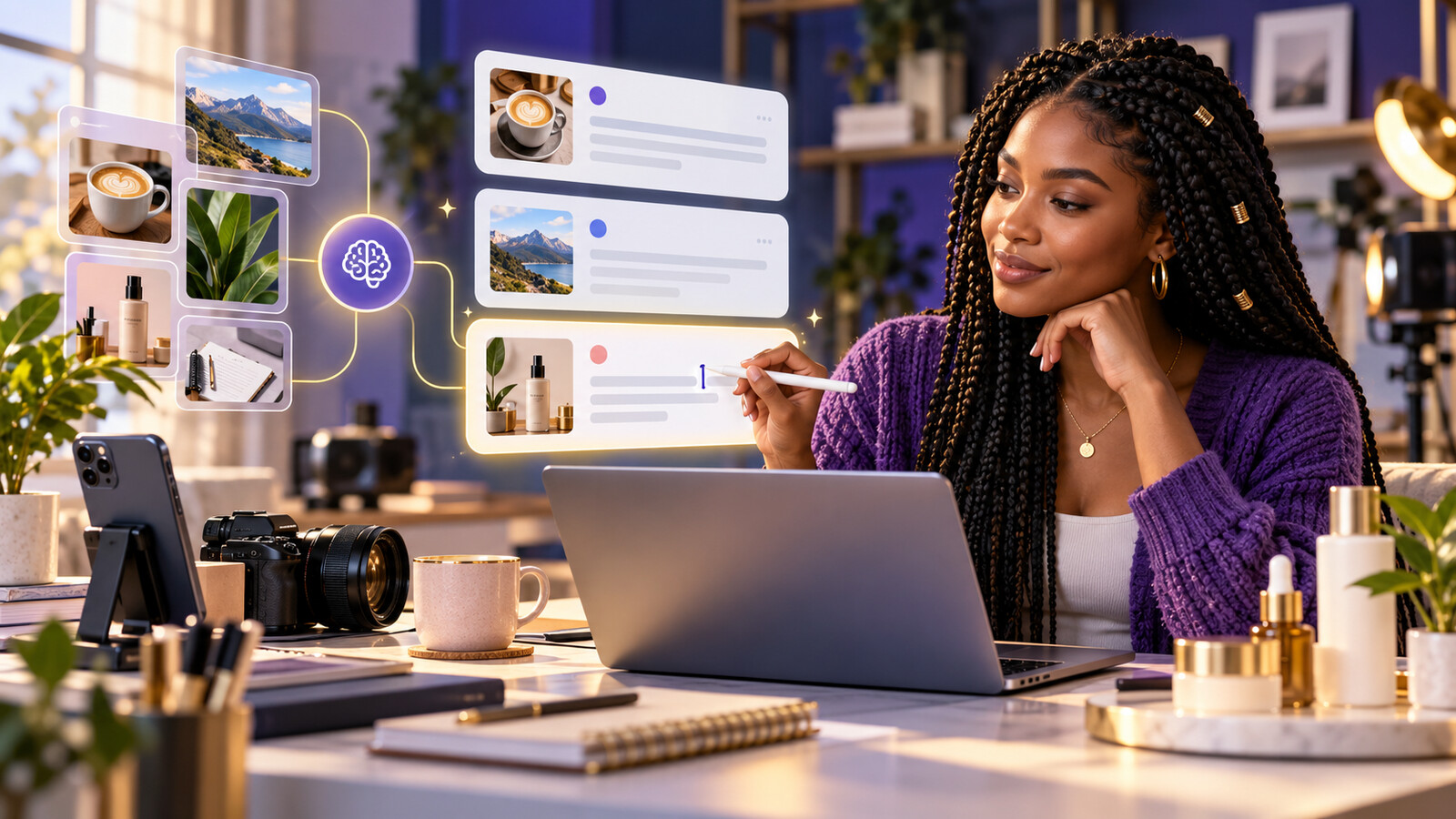 Conceptual AI illustration of a Black woman creator reviewing Social-Caption-AI caption drafts in a digital studio