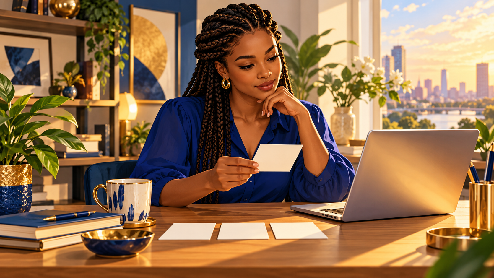 A woman with braids comparing a task card with a laptop at a sunlit desk; conceptual AI illustration.